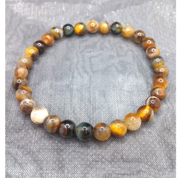 Artisan Pietersite Natural Stone Bracelet Earthy Color Beads Bohemian Stretch - Picture 1 of 9